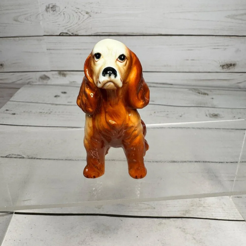 Vintage Ceramic Cocker Spaniel Dog Figurine‎ Brown White Glazed 5